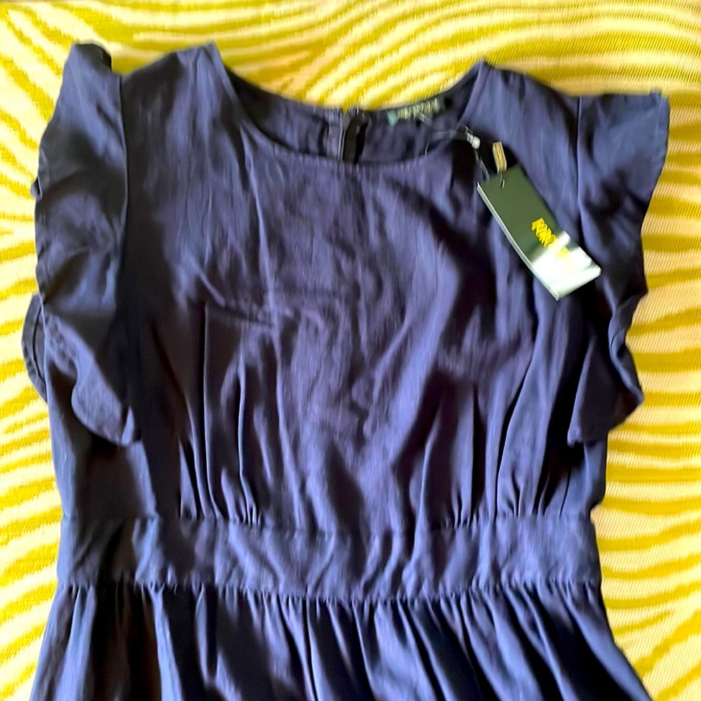NWT maxi dress with banded waist and ruffled capped sleeves; medium; deep navy